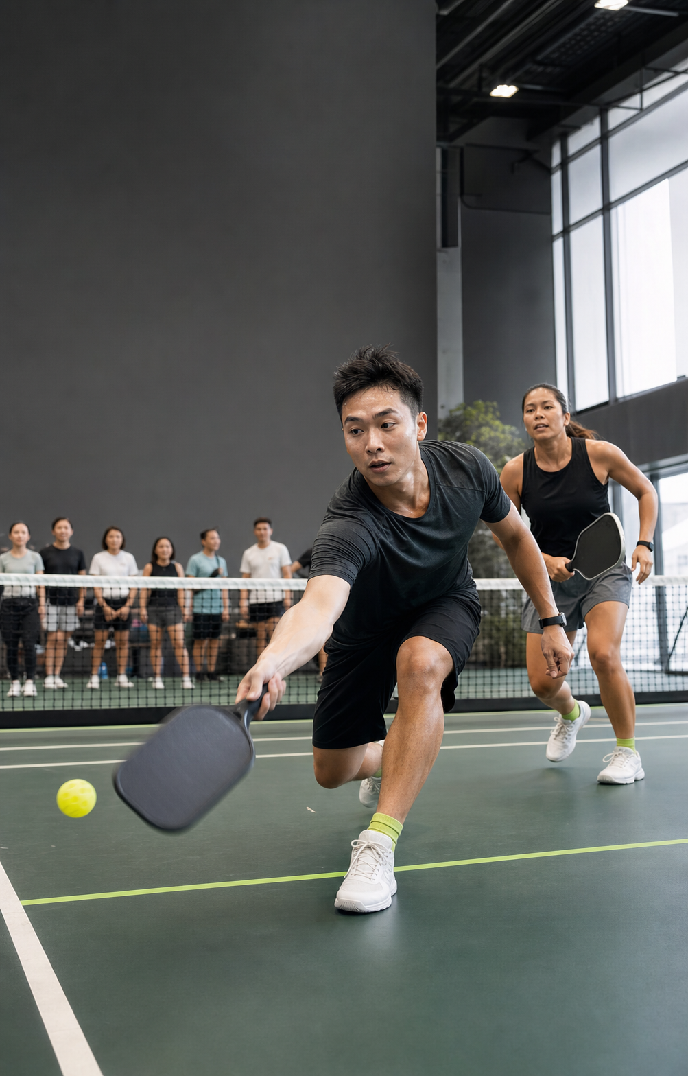 Two community pickleball players move through a fast rally on an indoor court.